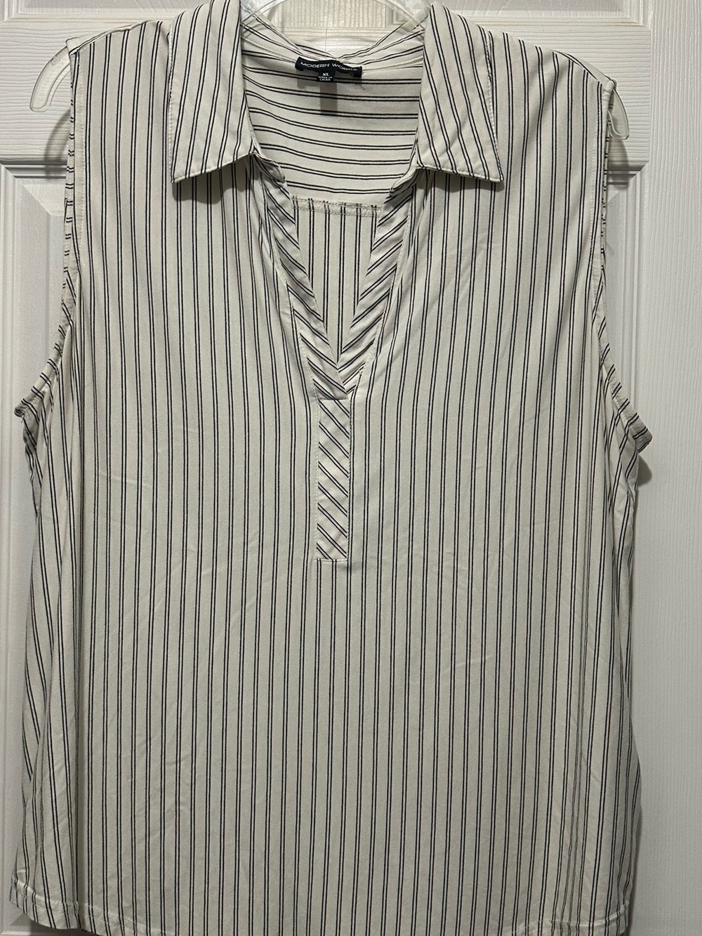 Sleeveless White Tank Top with Black Pinstripes and Collar by Modern Works